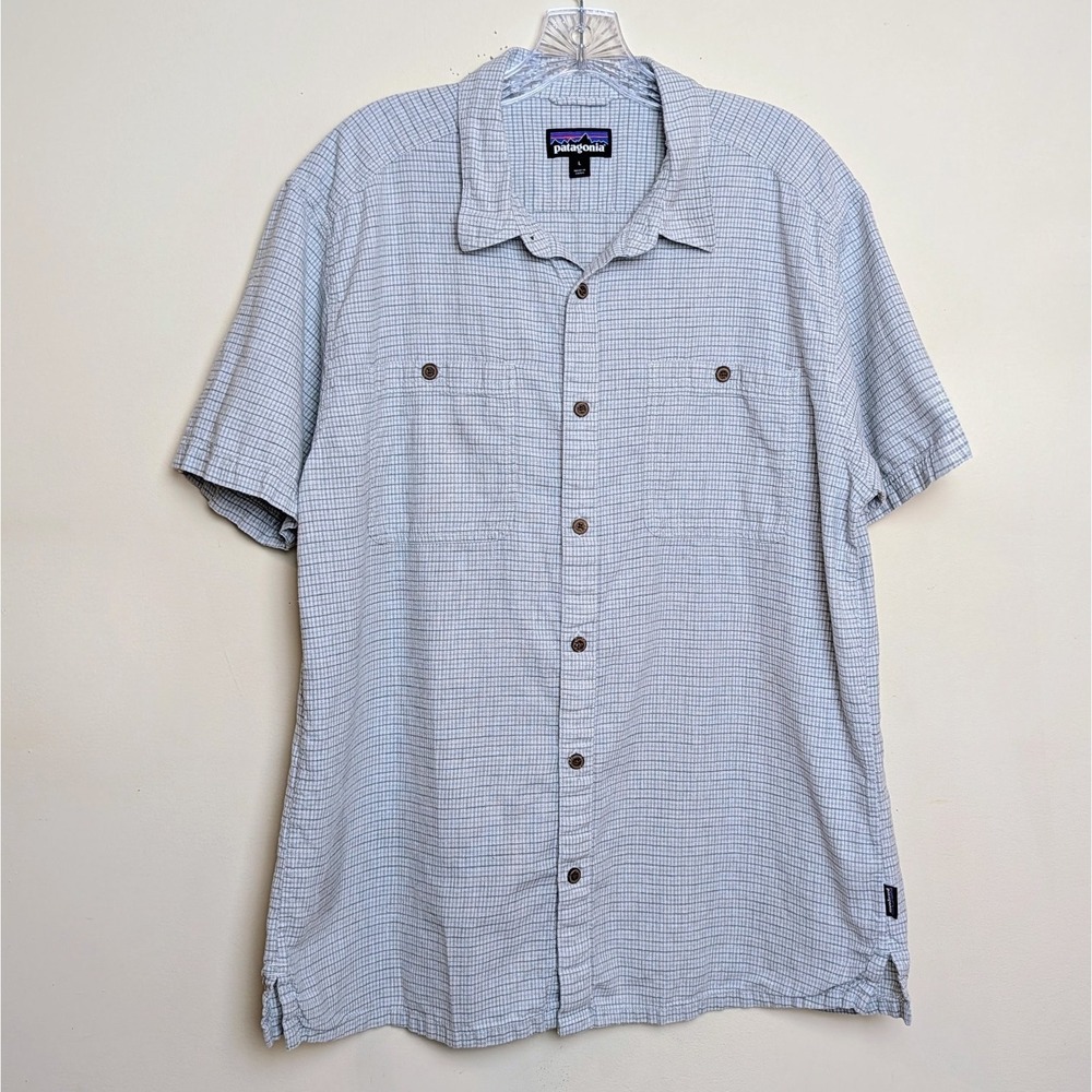 Patagonia Back Step Hemp Stripe Beige Plaid Hemp Cotton Short Sleeve Shirt Large